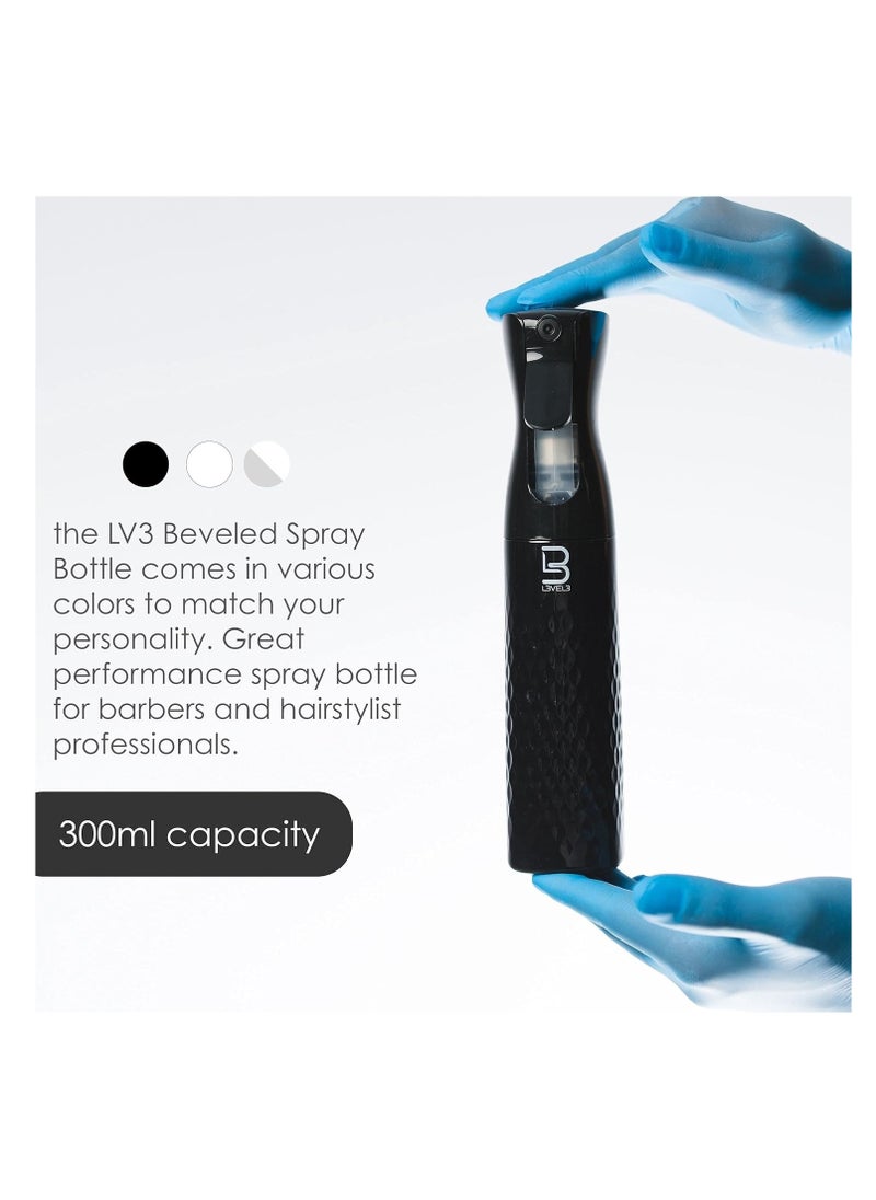 L3VEL3 Level 3 Beveled Spray Bottle - Continuous Spray with a Fine Mist Pattern - Barber and Hair Stylist Supplies - Less Hand Fatigue Compared to Standard Bottles - Level Three Barber Spray - 300 ml Black  - Image 2