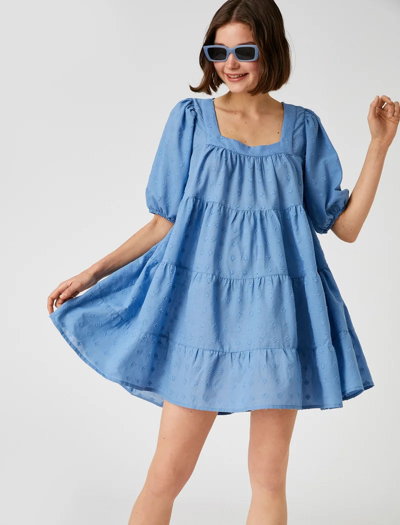 كوتون Mini Layered Dress Square Neck Puff Sleeve