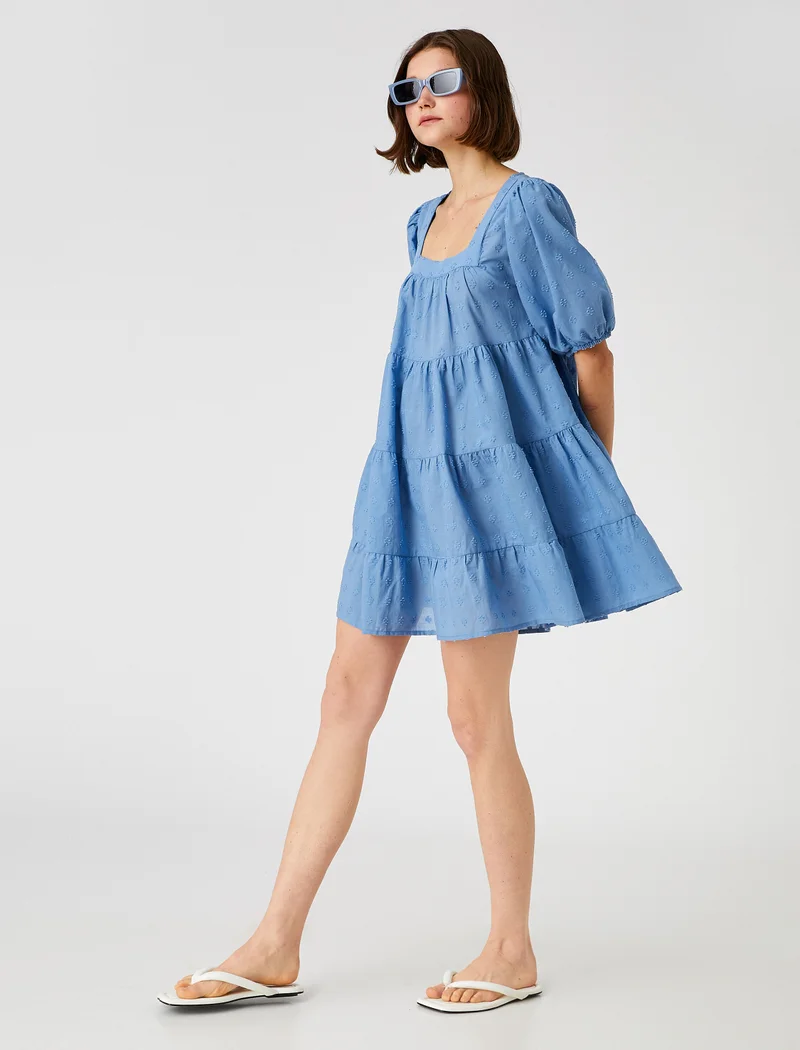كوتون Mini Layered Dress Square Neck Puff Sleeve