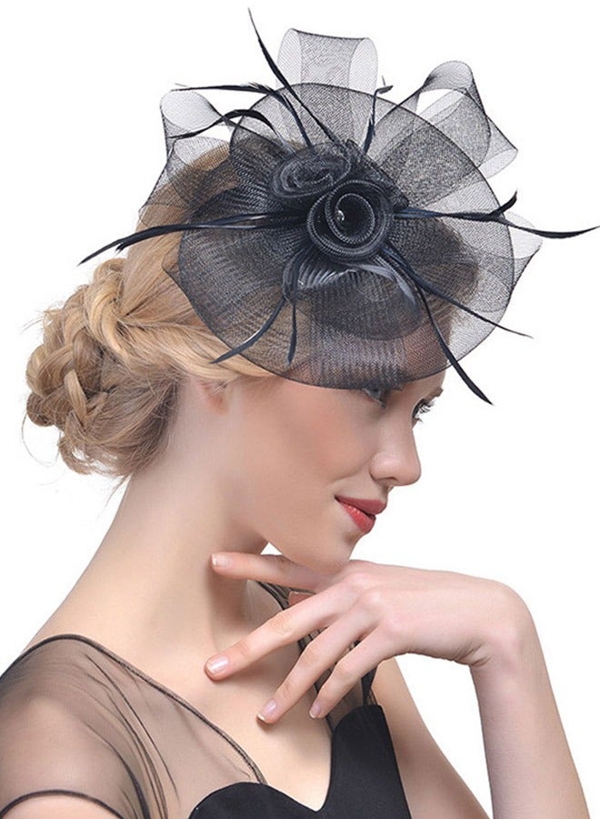Fascinators Hat Tea Party Headwear Ribbons Feathers with a Headband and a Hair Clip, Women Elegant Hat Tea Party Royal Banquet Hats Hair Clip for Girls and Women Black