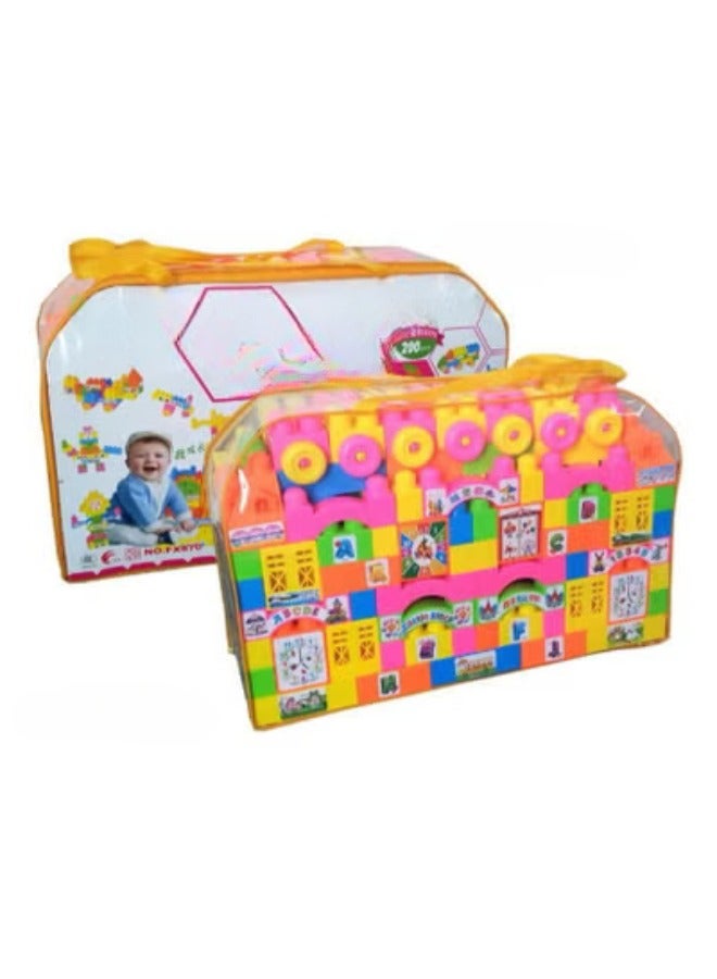 مجموعة مكعبات بناء قلعة ملونة للأطفال - أكثر من 200 قطعة، لعبة تعليمية وتفاعلية للعب الإبداعي والأبجدية والأرقام والتعلم على مدار الساعة، تتضمن حقيبة حمل