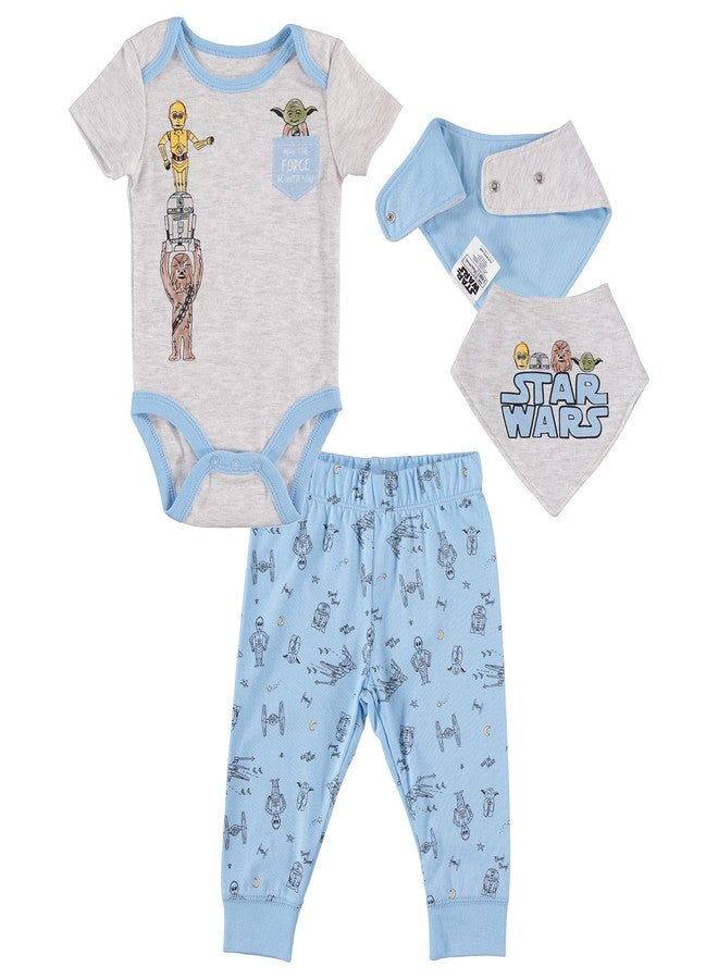 Happy Threads STAR WARS Baby Yoda Boys' 3 Piece Short Sleeve Bodysuit Pull-on Pants & Accessory, Grey/Blue, 0-3 Months - Image 1