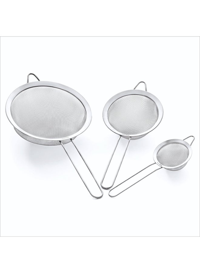 3 Pcs Super Wire Extra Fine Mesh Strainer with Handle, Small Medium Large Size Sifter Metal Strainer Set, Stainless Steel Sieve Fine Mesh Strainers for Kitchen Rice Juice Quinoa Food Flour Baking