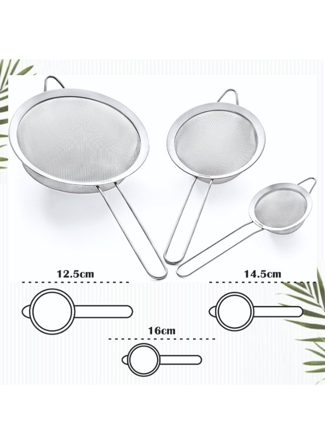 Noon East 3 Pcs Super Wire Extra Fine Mesh Strainer with Handle (8cm, 10cm, 12cm), Small Medium Large Size Sifter Metal Strainer Set, Stainless Steel Sieve Fine Mesh Strainers for Kitchen Rice Juice Quinoa Food Flour Baking - Image 2
