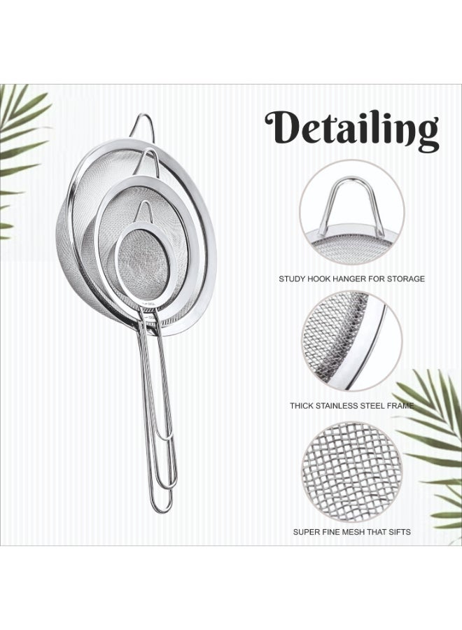Noon East 3 Pcs Super Wire Extra Fine Mesh Strainer with Handle (8cm, 10cm, 12cm), Small Medium Large Size Sifter Metal Strainer Set, Stainless Steel Sieve Fine Mesh Strainers for Kitchen Rice Juice Quinoa Food Flour Baking - Image 4