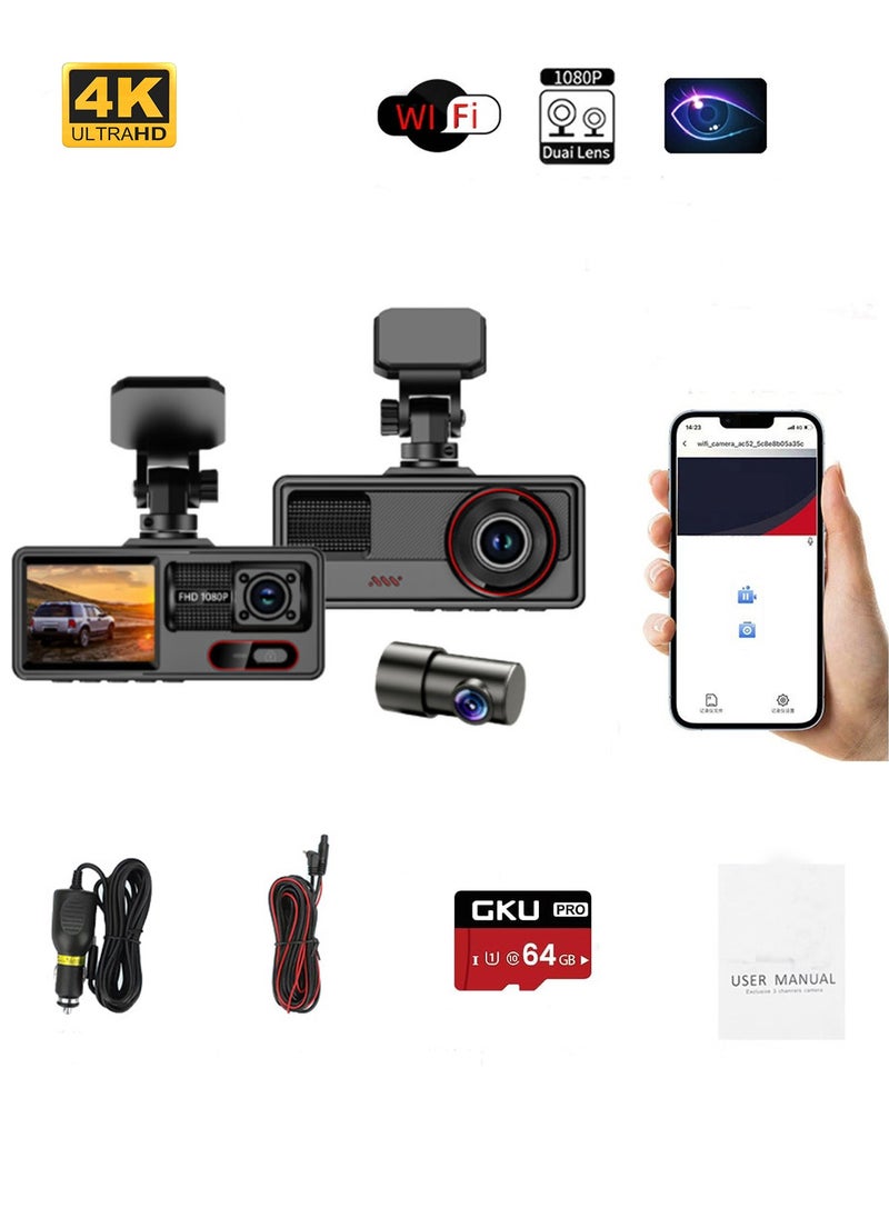 HANAMICHI 2K+1K+1K Car DVR 1080p*480p 3 lenses G-Sensor Loop Recording WIFI GPS Reversing Camera Night Vision Free 64GB SD Card  - Image 1