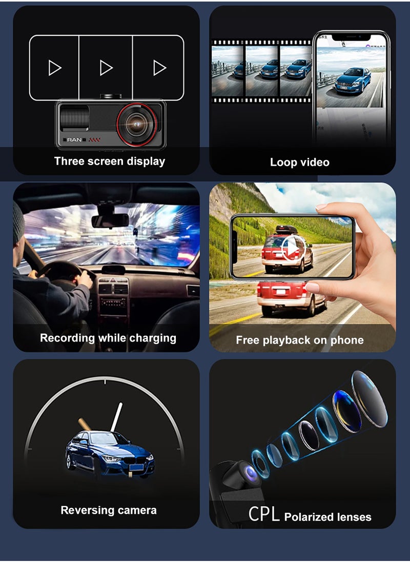 HANAMICHI - 2K+1K+1K Car DVR 1080p*480p 3 lenses G-Sensor Loop Recording WIFI GPS Reversing Camera Night Vision Free 64GB SD Card - Image 1