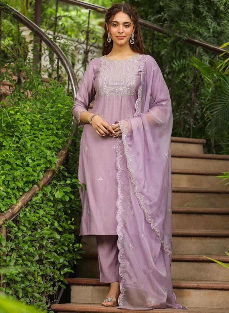 زيري سوق Lavender Silk Blend Solid 3-Piece Kurta Set