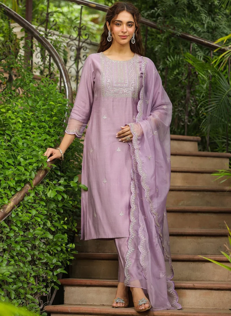 زيري سوق Lavender Silk Blend Solid 3-Piece Kurta Set