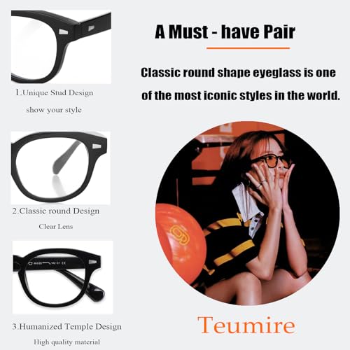 Teumire Johnny Depp Round Glasses for Women Men Non Prescription Glasses Vintage Circle Thick Frame Eyeglasses Clear lens Eyewear(Black+Transparent Brown) - Image 4