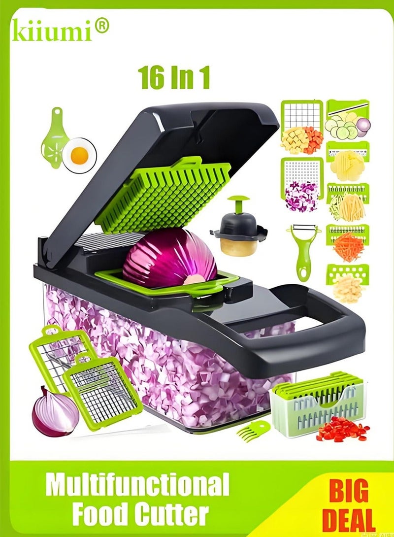 كيوومي قطاعة خضروات，مفرمة خضروات وفواكه متعددة الوظائف 16 في 1، مفرمة خضروات بـ 8 شفرات، مفرمة جزر وثوم مع وعاء، مفرمة بصل لا غنى عنها وإكسسوارات مطبخ - Image 1