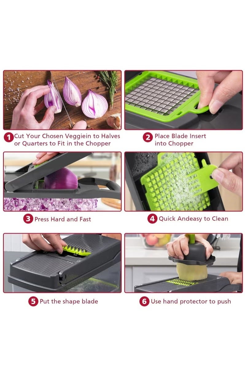 كيوومي قطاعة خضروات，مفرمة خضروات وفواكه متعددة الوظائف 16 في 1، مفرمة خضروات بـ 8 شفرات، مفرمة جزر وثوم مع وعاء، مفرمة بصل لا غنى عنها وإكسسوارات مطبخ - Image 4