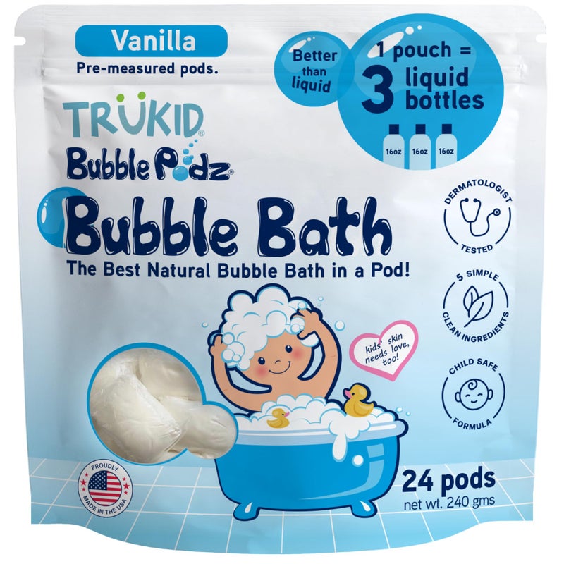 TruKid Bubble Podz Bubble Bath for Kids Toddlers Babies Tear Free Gentle Refreshing Bath Bomb for Sensitive Skin with Natural Moisturizers NonToxic pH Balanced Vanilla Scent 24 Podz