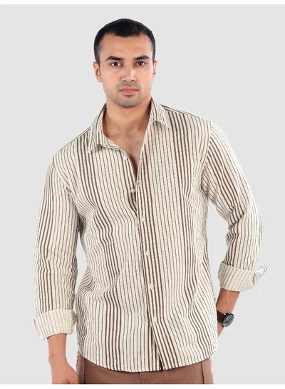 Beyoung Brown Cotton Stripe Shirt