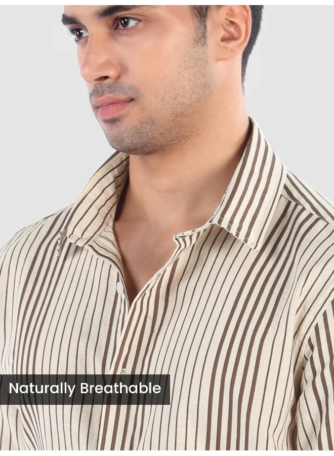 Beyoung Brown Cotton Stripe Shirt