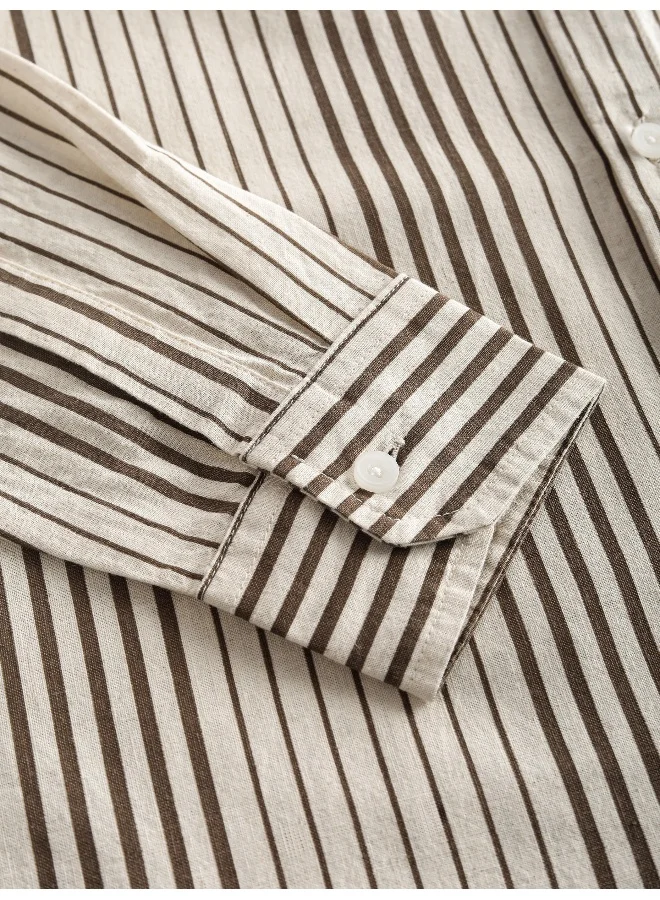 Beyoung Brown Cotton Stripe Shirt