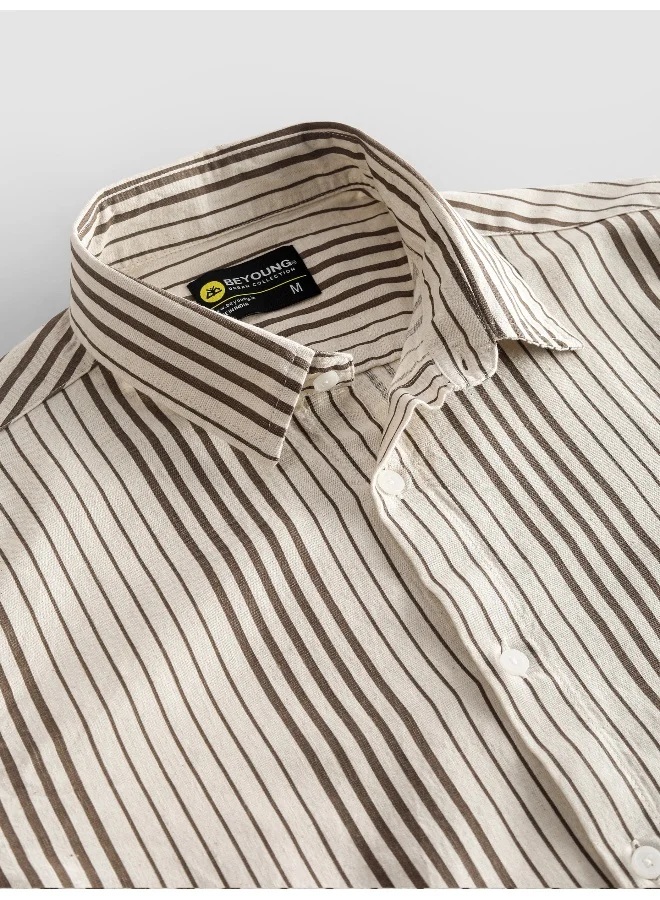Beyoung Brown Cotton Stripe Shirt