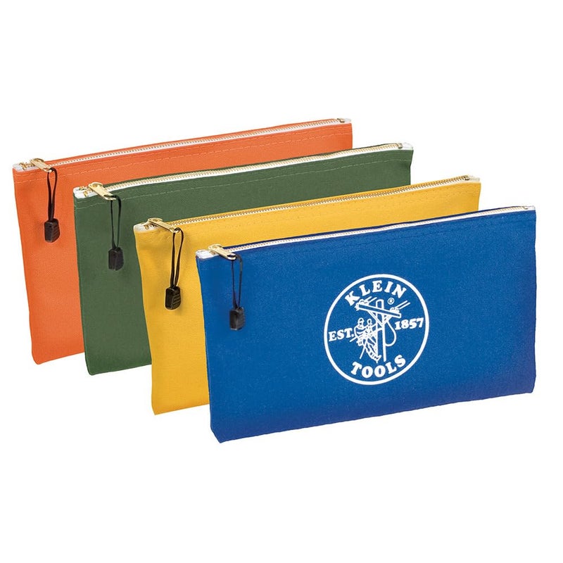 Klein Tools 5140 Canvas Zipper Bag, Tool Pouch, Bank Deposit Utility Bag, 12.5 x 7-Inch, Olive/Orange/Blue/Yellow 4-Pack - Image 1
