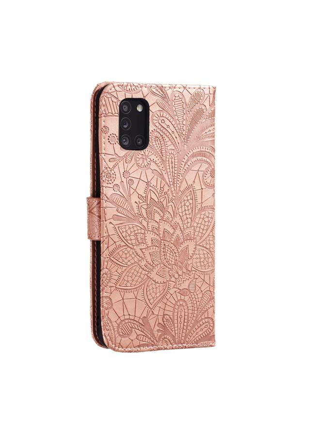 اس-توب جراب لهاتف Samsung Galaxy A31، جراب جلدي أفقي قابل للطي بنقش زهور الدانتيل، مع حامل وفتحات للبطاقات ومحفظة وإطار صورة وحبل - Image 3