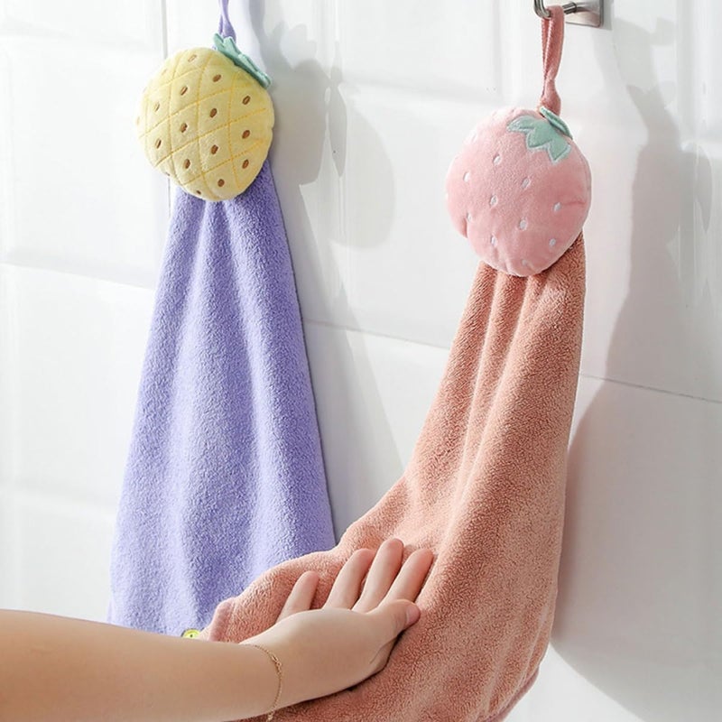 Cartoon Microfiber Hand Towels with Hanging Loop Pink Absorbent Kitchen and Bathroom Hand Towels Cute Fruit Pattern for Home Use - Image 2