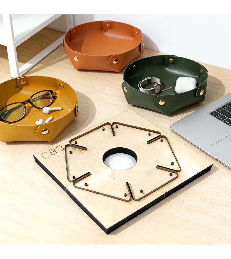 C83 Leather Hexagonal Storage Tray Handmade Die Cut Solid Wood Base Steel - Image 1
