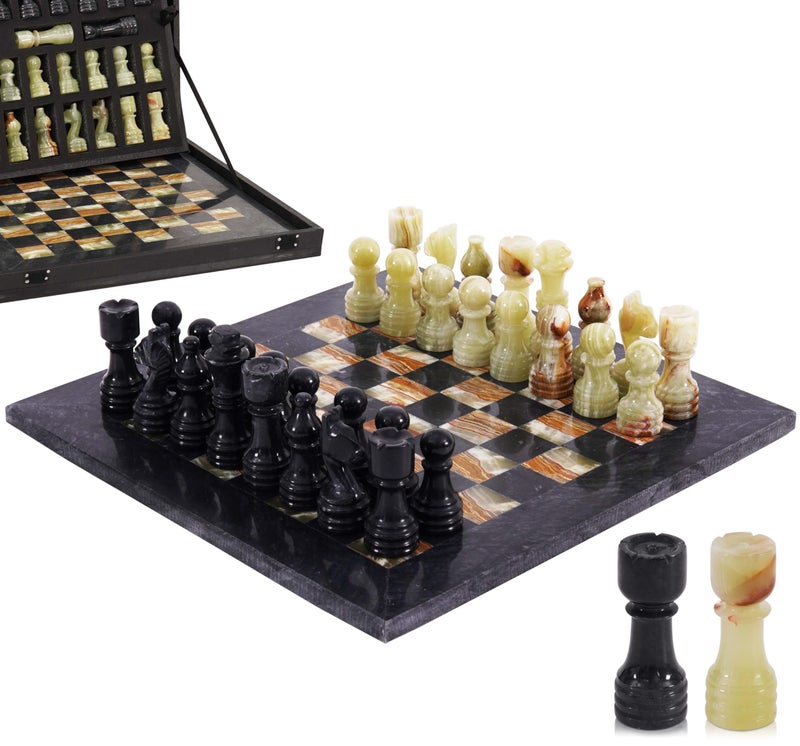MARBLE RANGE Marble Chess Set for Adults 12 Handmade Black Green Onyx Board Game with 32 Chess Pieces 2 Extra Queens Storage Box Luxury Travel Game Elegant for Home Decor - Image 3