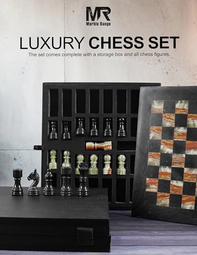 MARBLE RANGE Marble Chess Set for Adults 12 Handmade Black Green Onyx Board Game with 32 Chess Pieces 2 Extra Queens Storage Box Luxury Travel Game Elegant for Home Decor - Image 5