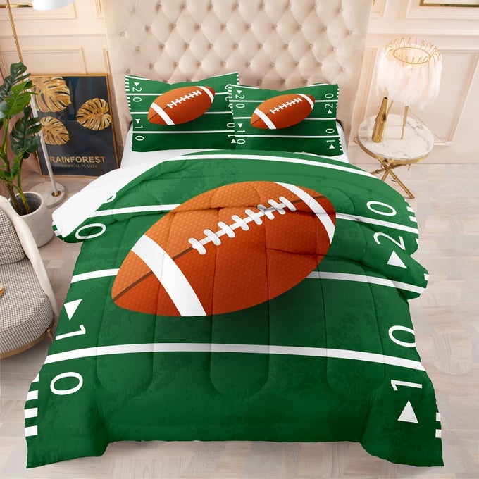 FOOTBALL COMFORTER SET FOR BOYS KIDS TEENS GREEN RUGBY FOOTBALL FIELD BEDDING SETS TWIN SIZE WITH 1 COMFORTER 1 PILLOW SHAM