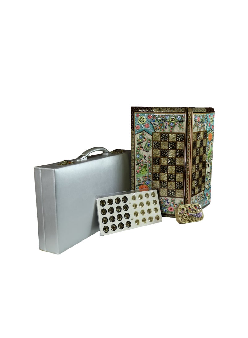 Handcrafted Backgammon and Chess Set, Hand-Painted Raised Artwork, Marquetry with Bone, Wood and Brass, 50x50 cm, with Luxury Case - Image 3