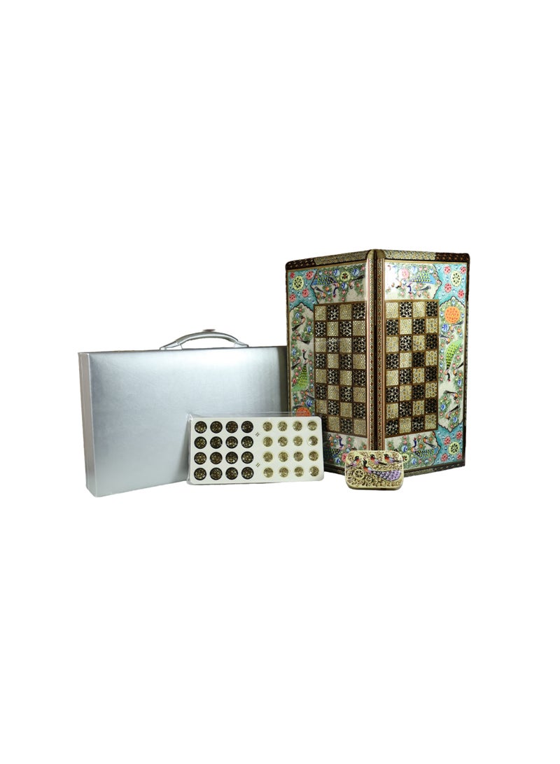Handcrafted Backgammon and Chess Set, Hand-Painted Raised Artwork, Marquetry with Bone, Wood and Brass, 50x50 cm, with Luxury Case - Image 2