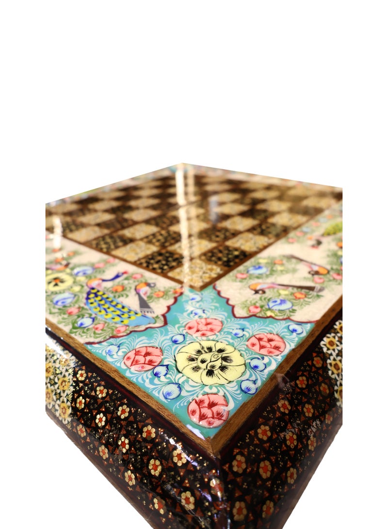 Handcrafted Backgammon and Chess Set, Hand-Painted Raised Artwork, Marquetry with Bone, Wood and Brass, 50x50 cm, with Luxury Case - Image 4