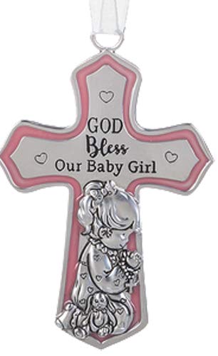GANZ Ornate Crib Cross Decor with Ribbon Baby Girl for Baptism Christening Baby Shower God Bless Our Baby Girl - Image 1