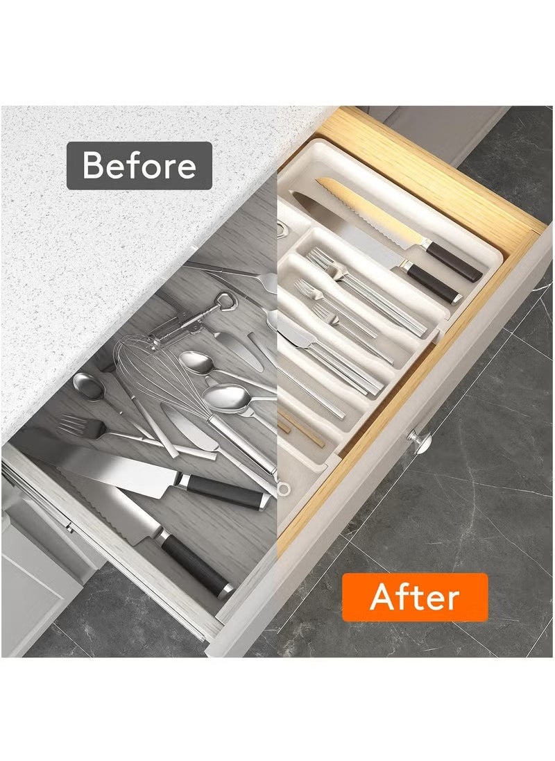 Arabest - Silverware Organizer, Expandable Utensil Tray for Drawer, Adjustable Flatware and Cutlery Holder, Compact Plastic Drawerstore Holding Spoons Forks Knives, Large, White - Image 1