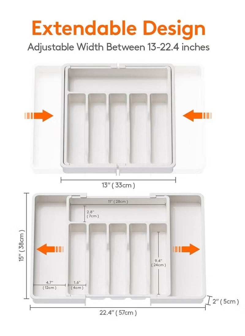 Arabest - Silverware Organizer, Expandable Utensil Tray for Drawer, Adjustable Flatware and Cutlery Holder, Compact Plastic Drawerstore Holding Spoons Forks Knives, Large, White - Image 1