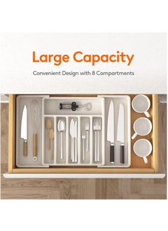 Arabest Silverware Organizer, Expandable Utensil Tray for Drawer, Adjustable Flatware and Cutlery Holder, Compact Plastic Drawerstore Holding Spoons Forks Knives, Large, White  - Image 2