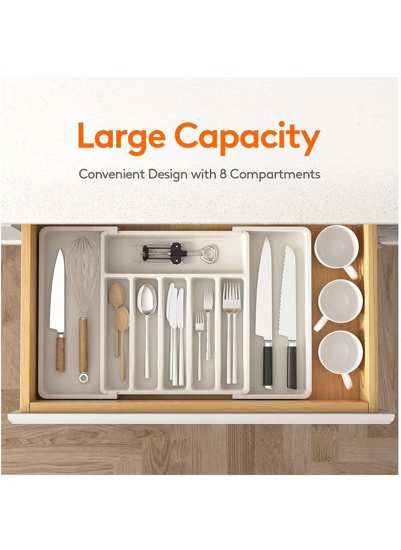 Arabest - Silverware Organizer, Expandable Utensil Tray for Drawer, Adjustable Flatware and Cutlery Holder, Compact Plastic Drawerstore Holding Spoons Forks Knives, Large, White - Image 1