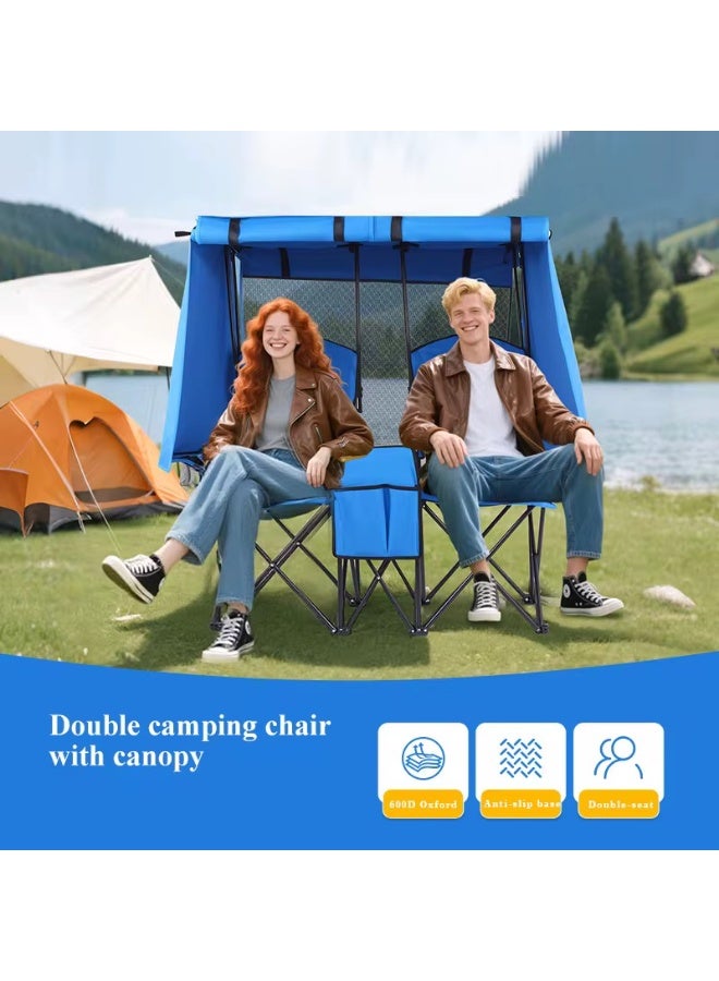 RH Camping chair with Canopy shade and cup holder--Support 150 kg Oversized Folding Beach Chair with umbrella cup holder and shades . Lounge for sand travel outdoor pool, sport Blue - Image 2