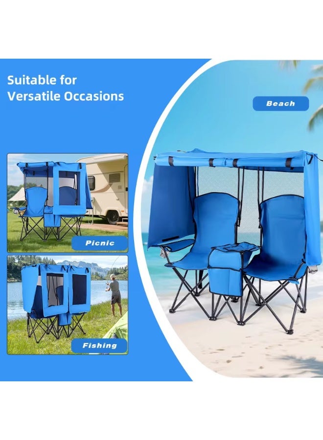 RH Camping chair with Canopy shade and cup holder--Support 150 kg Oversized Folding Beach Chair with umbrella cup holder and shades . Lounge for sand travel outdoor pool, sport Blue - Image 4