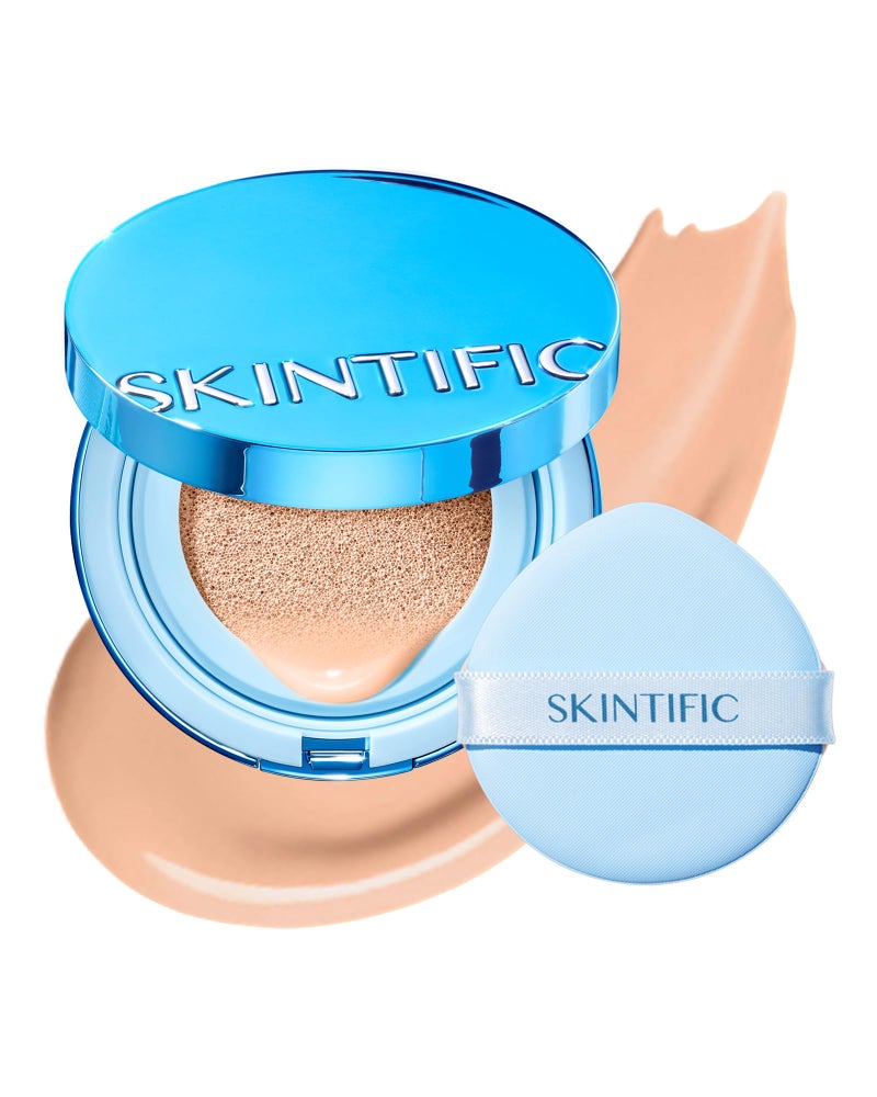 SKINTIFIC أساس كوشن مات مخملي من سكينتيفيك أزرق #03 بتلة | تغطية كاملة، 12 ساعة تحكم في الزيت، مثالي للبشرة الدهنية والمختلطة، مقاوم للماء، يدوم طويلاً، خفيف الوزن، مرطب، مقاوم للنقل - Image 1