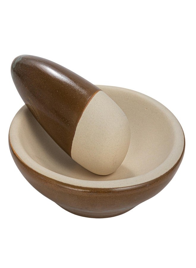 Bloomingville Stoneware Mortar and Pestle with Reactive Glaze, Brown and Cream - Image 1