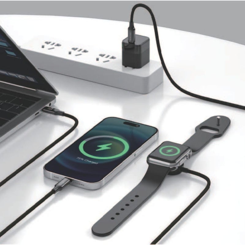 آي كيو تاتش كابل الشحن السريع IQ TOUCH ثلاثي الوظائف – 60 واط من USB-C إلى USB-C، 30 واط من USB-C إلى Lightning، شاحن لاسلكي 5 واط لساعة Apple Watch، طول 1.2 متر، نقل بيانات 480 ميجابت في الثانية، POWERLINK-TRIO - Image 1