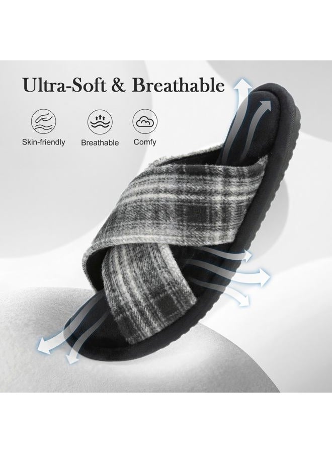 GOEWY Mens Cozy Slippers Cross Band House Slippers with Memory Foam Soft Non-slip Indoor House Shoes Summer Breathable Slipper, Black, 11-12 - Image 5