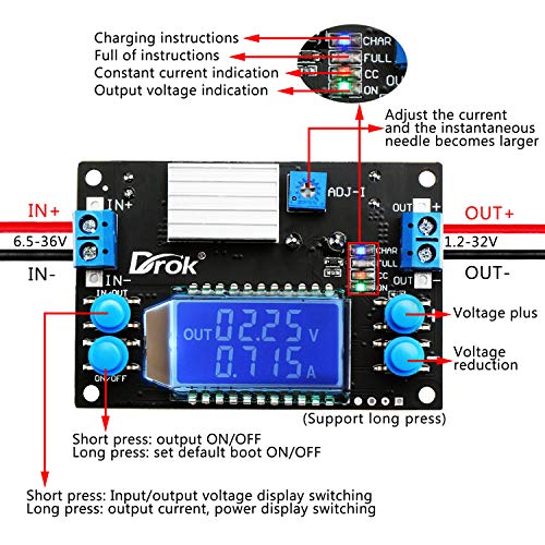 DROK محول ديوك 12 فولت إلى 5 فولت، لوحة منظم الجهد DC 6.5-36V 24 فولت خافض إلى DC 1.2V-32V 12 فولت محول جهد مخفض 4.5A 75W وحدة إمداد الطاقة CC CV - Image 2