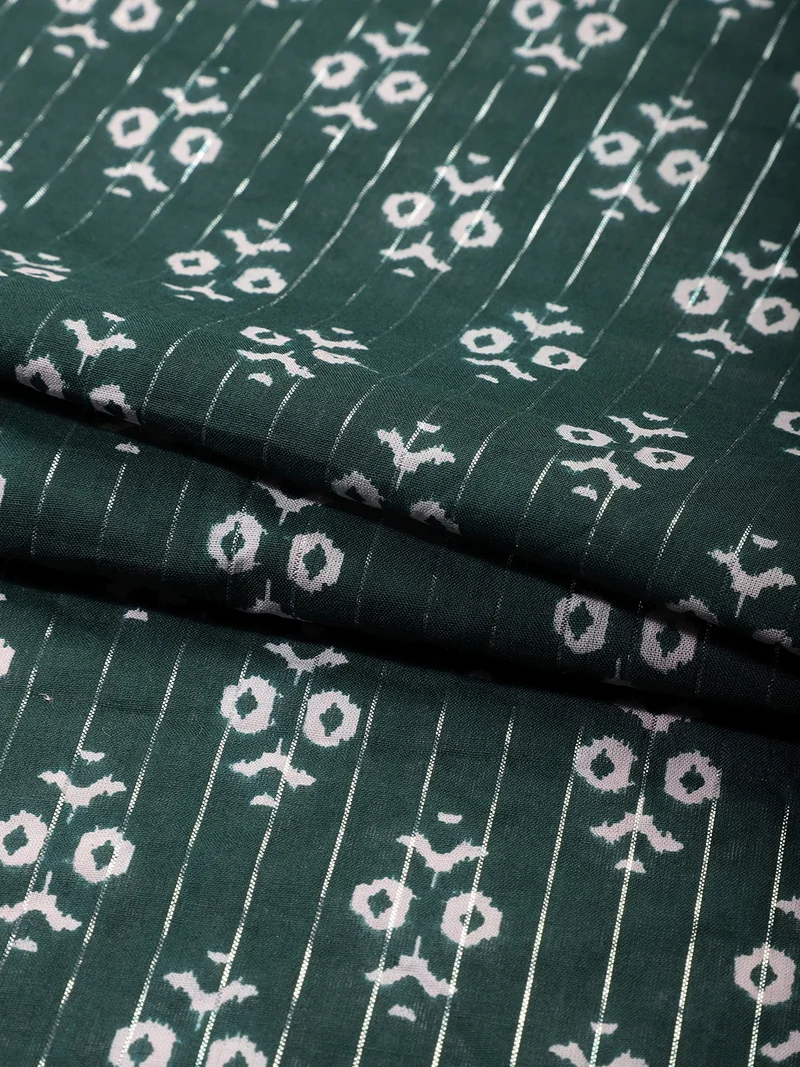 أيه كيه إس Dark Green Ikat Print Fabric with Silver Stripes