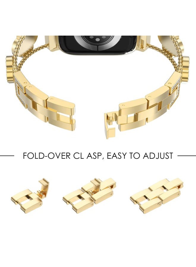 NewWays Compatible for Apple Watch Band Series 10 46mm Series 9/8/7 45mm Series 6/5/4 44mm Series3 42mm for Women, Bling Diamonds Four Leaf Clover Bracelet for iWatch Womens, Gold/Iridescent - Image 4