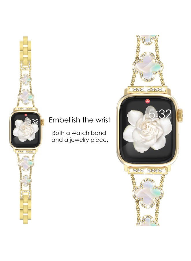 NewWays Compatible for Apple Watch Band Series 10 46mm Series 9/8/7 45mm Series 6/5/4 44mm Series3 42mm for Women, Bling Diamonds Four Leaf Clover Bracelet for iWatch Womens, Gold/Iridescent - Image 2