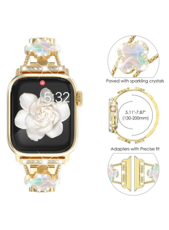 NewWays Compatible for Apple Watch Band Series 10 46mm Series 9/8/7 45mm Series 6/5/4 44mm Series3 42mm for Women, Bling Diamonds Four Leaf Clover Bracelet for iWatch Womens, Gold/Iridescent - Image 3