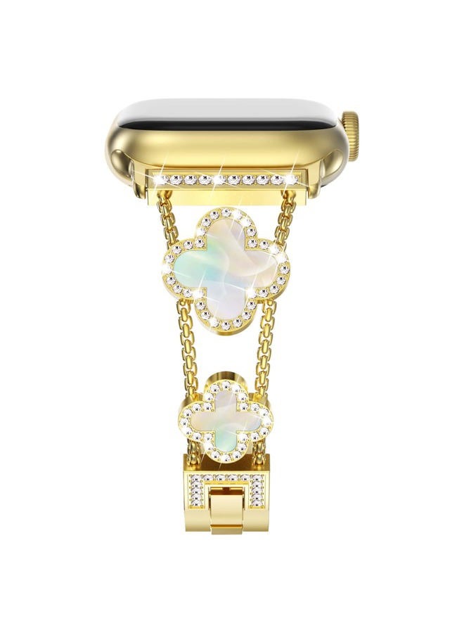 NewWays Compatible for Apple Watch Band Series 10 46mm Series 9/8/7 45mm Series 6/5/4 44mm Series3 42mm for Women, Bling Diamonds Four Leaf Clover Bracelet for iWatch Womens, Gold/Iridescent - Image 1
