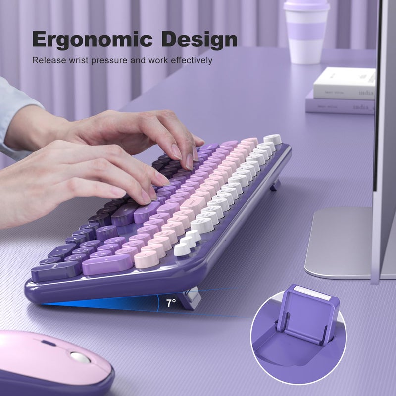 KNOWSQT Wireless Keyboard Mouse Combo - Lovely Purple-Gradient Rainbow Full-Sized Typewriter Colorful Keyboards, Round Keycap Plug Play Retro Cute Keyboards for Windows, Laptop, PC, Desktop, Computer - Image 3