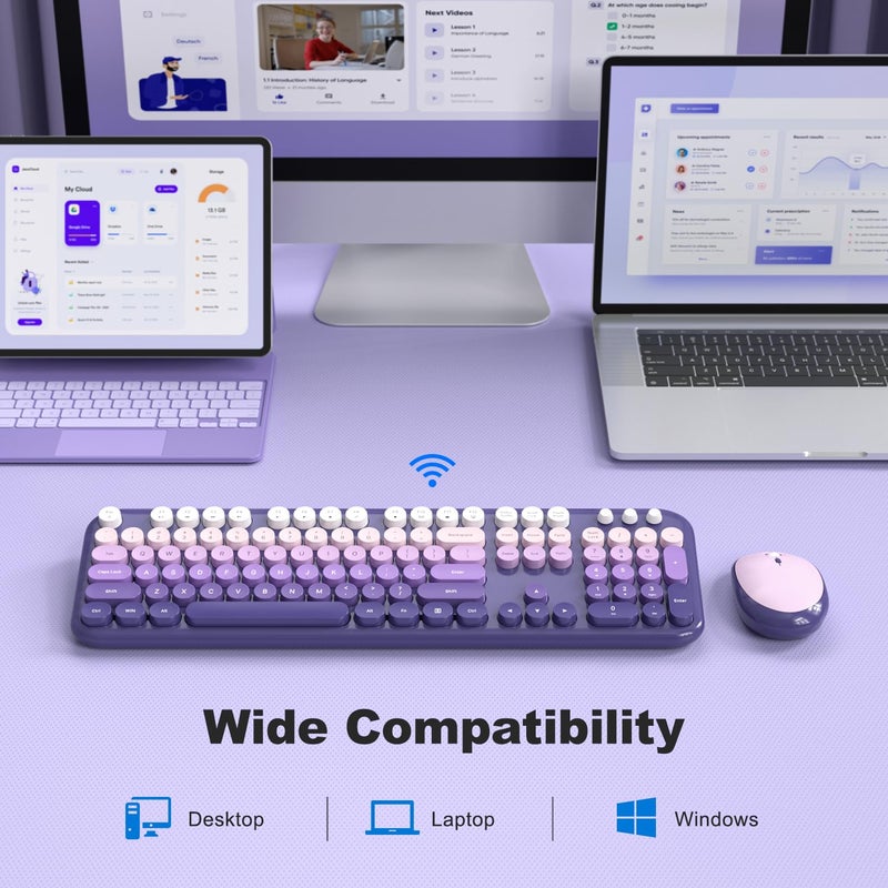 KNOWSQT Wireless Keyboard Mouse Combo - Lovely Purple-Gradient Rainbow Full-Sized Typewriter Colorful Keyboards, Round Keycap Plug Play Retro Cute Keyboards for Windows, Laptop, PC, Desktop, Computer - Image 4